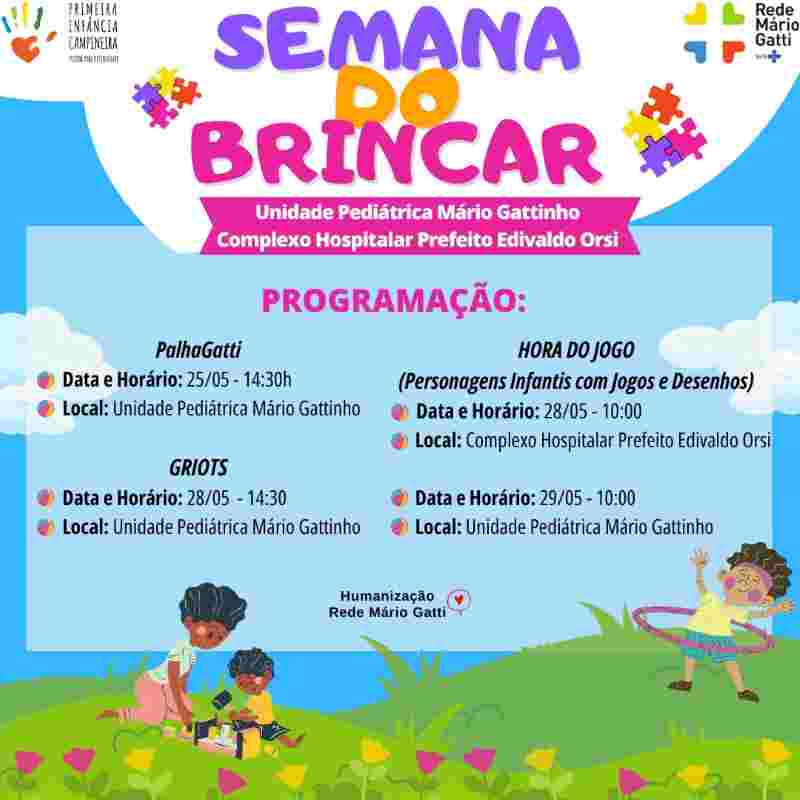 Rede Mário Gatti promove atividades da Semana do Brincar a partir deste sábado, 25